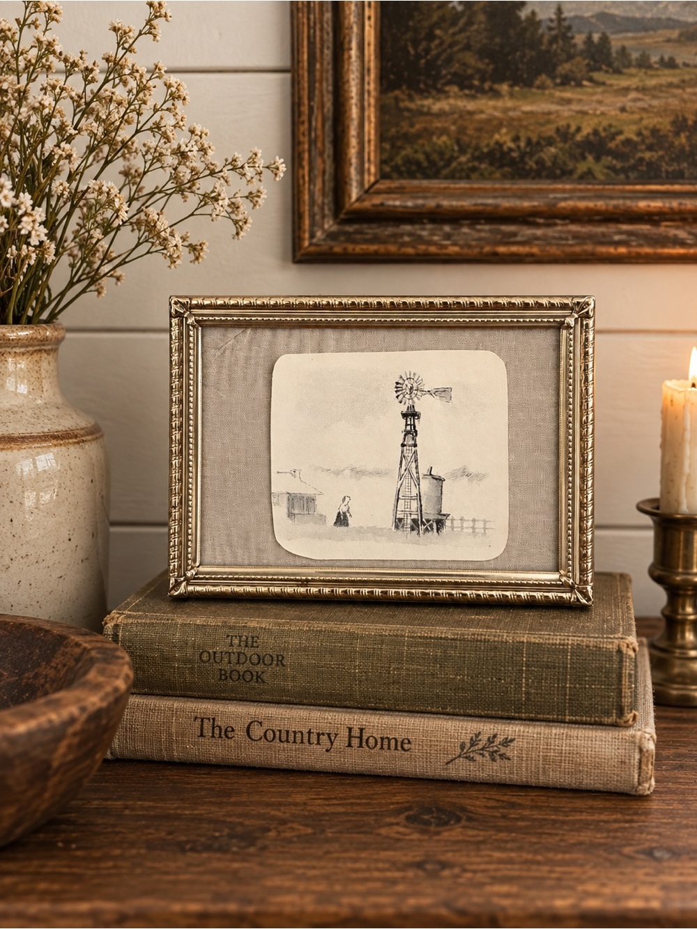 Vintage Brass Picture Frame with Country Cottage Art